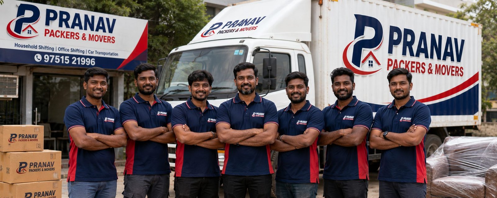 Pranav Packers and Movers team wearing branded t-shirts in front of moving truck